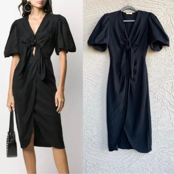 SANDRO Black Linen Tie Front Puff Sleeve Wrap Skirt Bloane Blum Midi Dress S - Picture 1 of 17